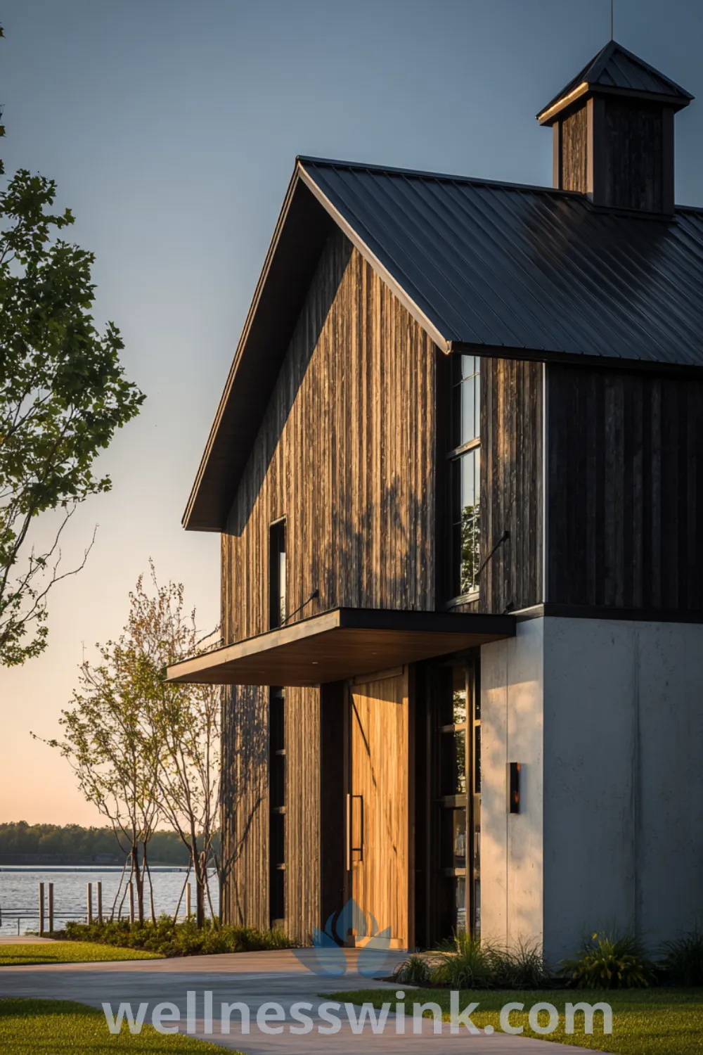 Contemporary barn lakehouse with board and batten siding, concrete accents, and large sliding barn doors at the lakefront.